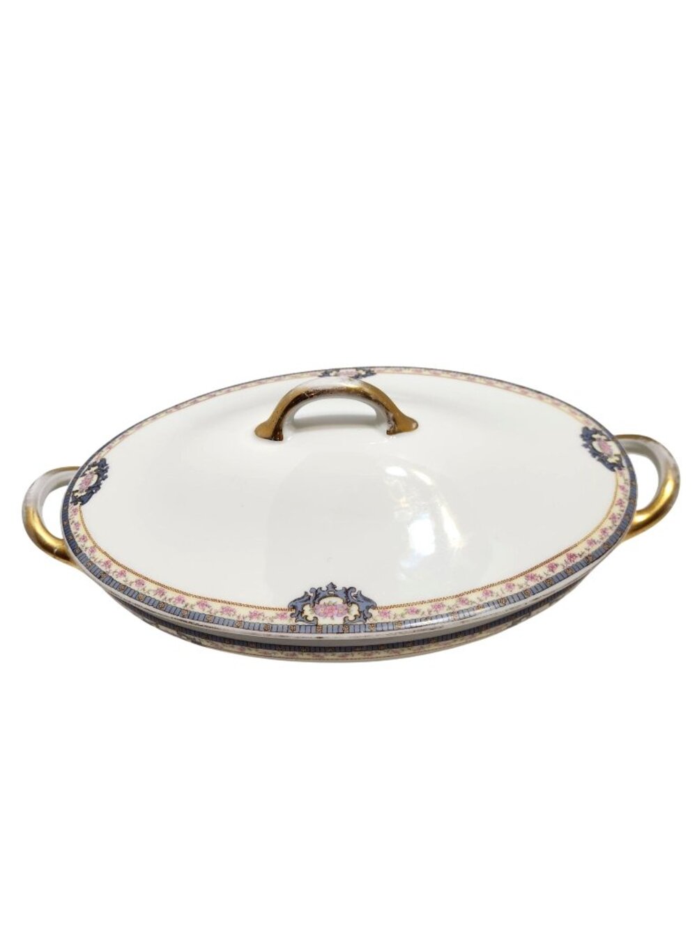 Antique Royal Bayreuth Lidded Oval Serving Dish Gold Trim & Floral Pattern READ